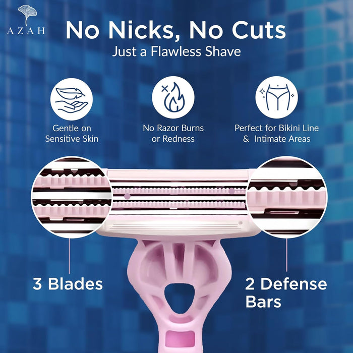 Azah Sensitive Bikini Razor For Women | 3 Blades 2 Defense Bar | No Strawberry Skin | Pack of 2 AZAH