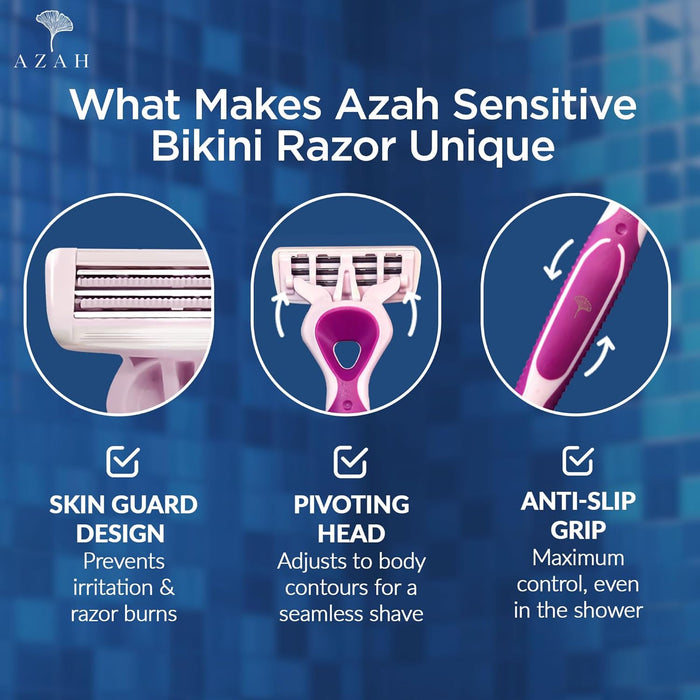 Azah Sensitive Bikini Razor For Women | 3 Blades 2 Defense Bar | No Strawberry Skin | Pack of 2 AZAH