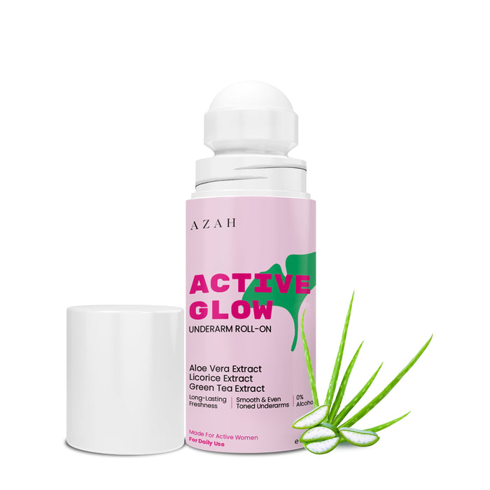 Azah Active Glow Underarm Roll-On for Women| With Aloe Vera, Licorice & Green Tea Extract | Smooth & Even Toned Underarm Deodorant Roll On | 0% Alcohol | Dermatologist Tested | 50 ml AZAH