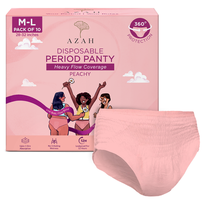 Azah Disposable Period Panty for Girls [Pack of 10] | Period Panty for Women Heavy Flow | Peachy New Look | 12-Hour Protection | 360° Coverage| All-Night Protection AZAH