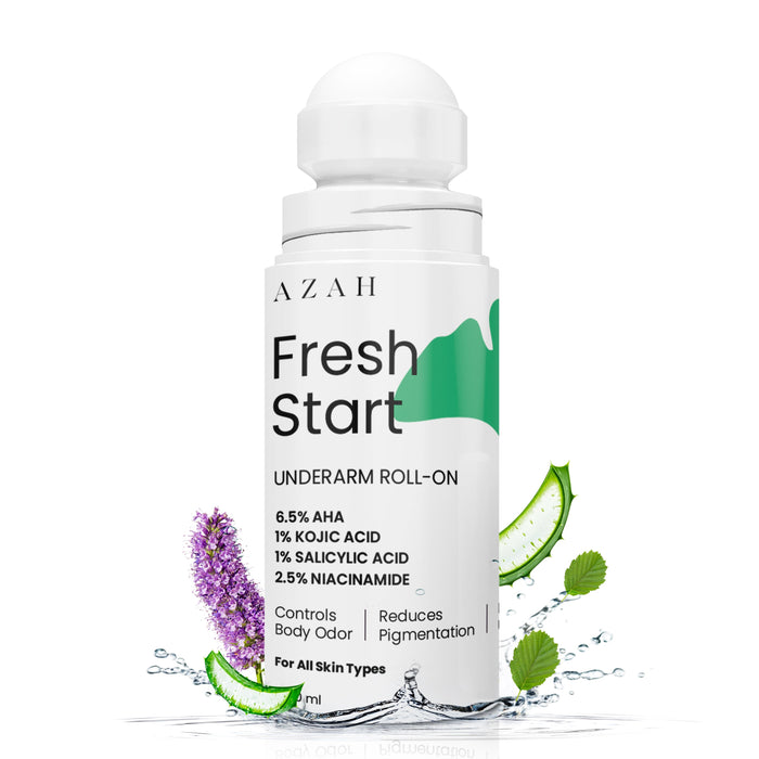 Azah Fresh Start Underarm Roll-On Deodorant For Women| 6.5% AHA, 1% Kojic & 1% Salicylic Acid, 2.5% Niacinamide| 50 ml Azah
